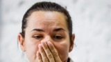 BELARUS -- Presidential candidate Svyatlana Tsikhanouskaya reacts during a news conference after the Belarusian presidential election in Minsk, August 10, 2020